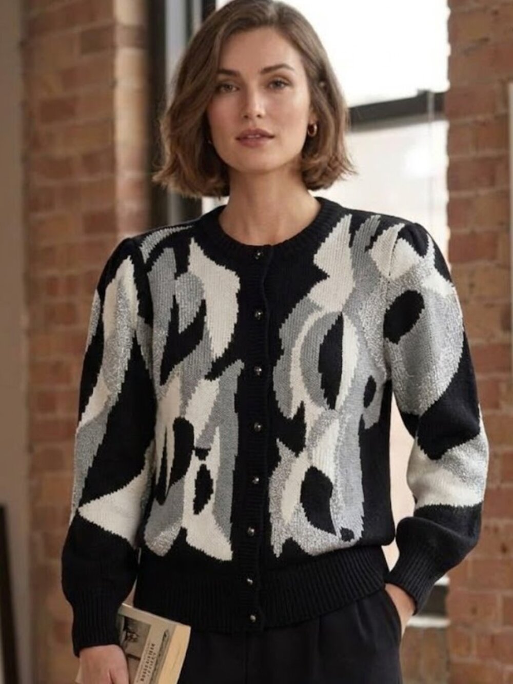 Christine NEW vintage 80’s black gray & white angora wool blend cardigan, sz L